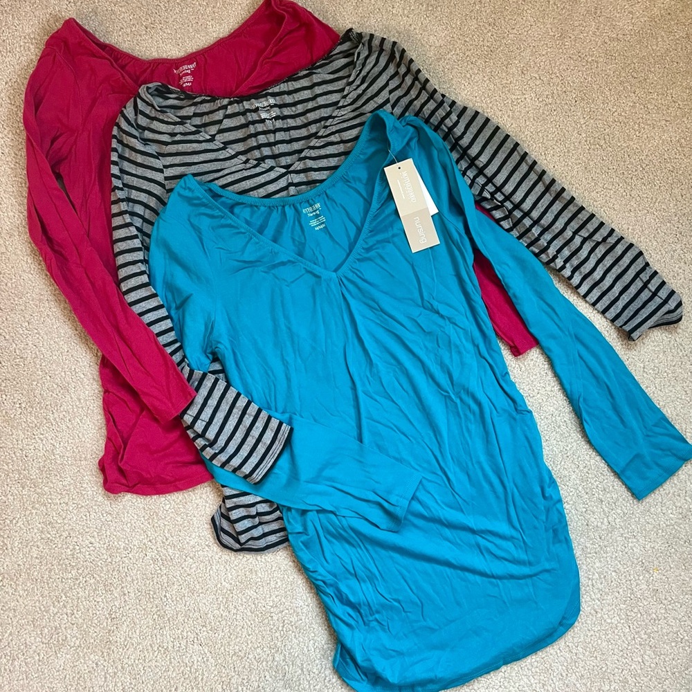 Motherhood Maternity/Nursing 3 Long Sleeve Tops — Teal, Fuchsia & Gray Stripe